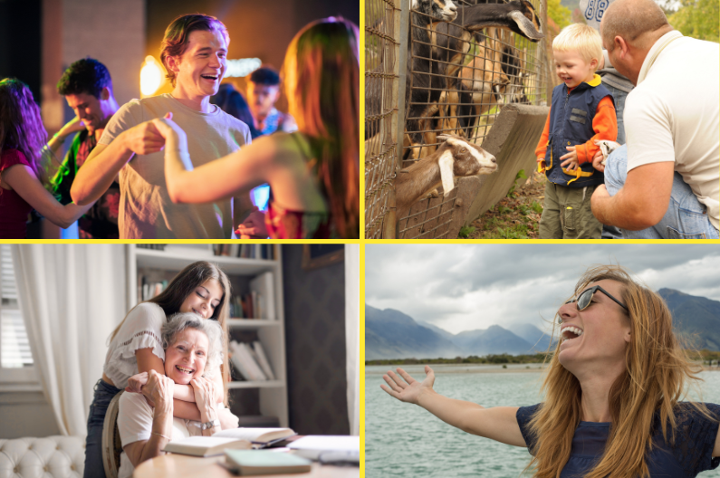 4 pictures showing people dancing , woman by a lake, child feeding goats woman hugging older woman at a table